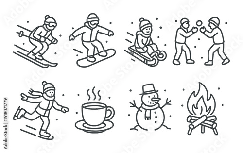 Winter sport set. seasonal activities silhouette: skiing, snowboarding, skating, sledding vector icons.