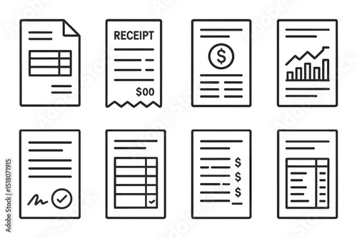 Document icon set. financial forms linear style. receipt, contract, invoice vector icons.
