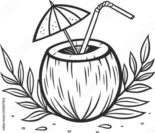 Vector illustration of a hot coffee and tea drink with a coconut cocktail