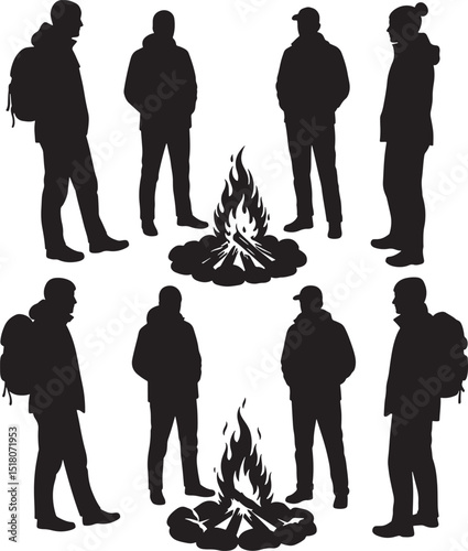 People around campfire silhouette vector illustration