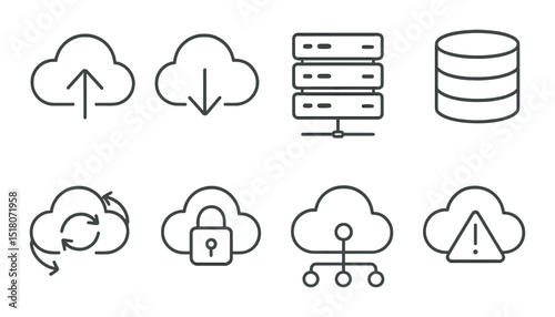 Cloud computing icon set. data storage linear icons. upload, download, synchronize, lock vector icons.