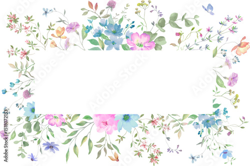  Watercolor floral frame with cute wildflowers. Hand-drawn floral illustration. Vector EPS.