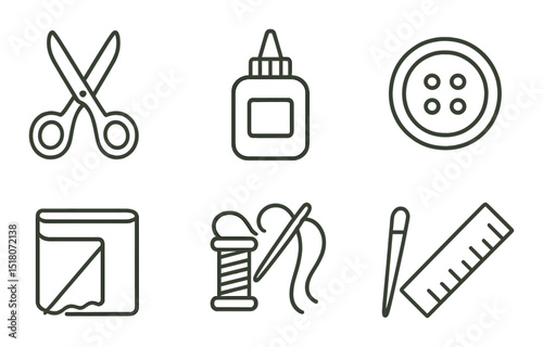 Sewing tool set. craft supplies linear icons. scissors, glue, button, thread, needle, ruler vector icons.
