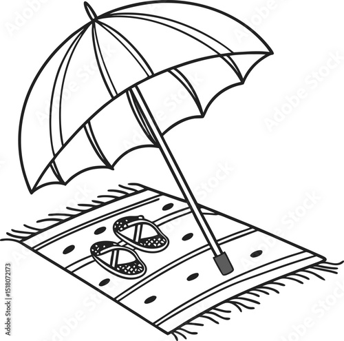 Coastal vacation scene with a boat on the sea and beach umbrellas