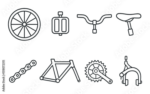Bicycle parts icon set. bike silhouette gears, wheel, handlebar, saddle, pedals vector icons.