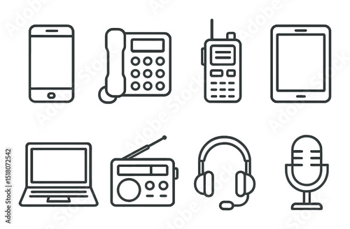 Communication device set. linear style. phone, radio, laptop, microphone vector icons.