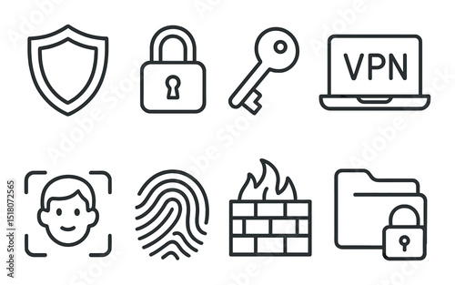 Security icon set. cyber protection linear icons: shield, lock, key, vpn, vector icons.