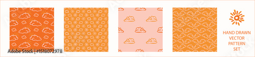 Vibrant fall cloud sunshine seamless nursery pattern set. Naive illustration of summer sky in hand drawn playful style for childrens nursery backdrops, wallpaper. 