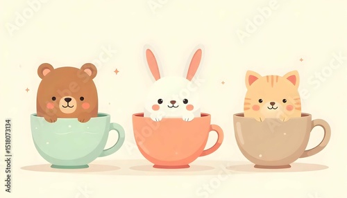 flat design scene of kawaii animals relaxing inside warm, oversized cups