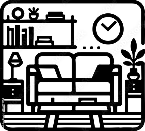 black and white illustration of living room scene with couch, lamp, clock, plant, bookshelf and horizontal floor lines