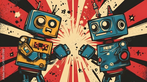 Two retro style robots facing each other. photo