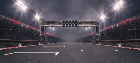 Ingelijste posters Formule 1 Pole position met verlichte schijnwerpers  © LeArchitecto