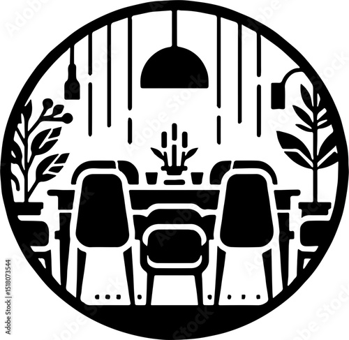 circular black and white illustration of dining setup with chairs, hanging lamp, potted plants inside round frame