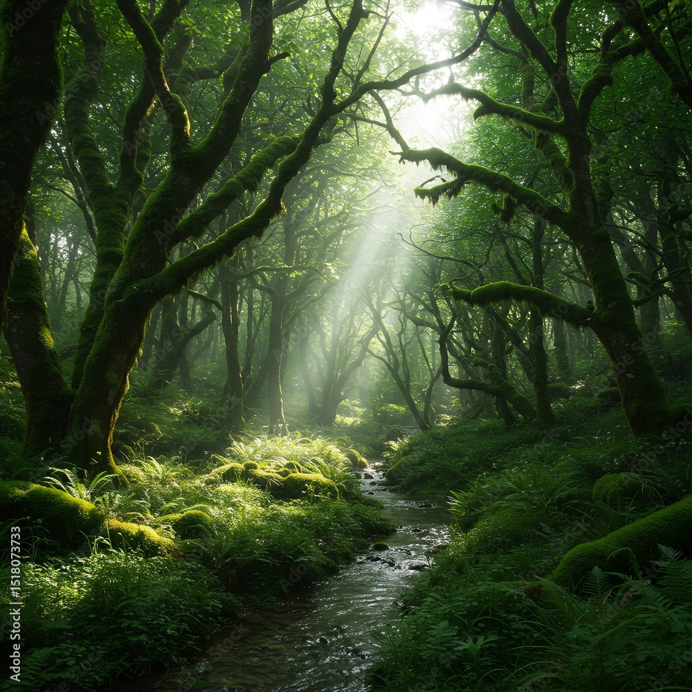 Obraz premium Ethereal Forest Scene: Sun Rays Piercing Misty Green Woods with Stream