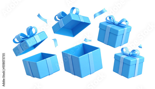 Cheerful Blue Gift Boxes with Bows and Confetti Falling Down