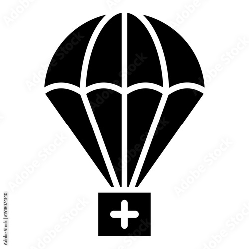 Parachute with first aid kit icon Flat outline fill black and white
