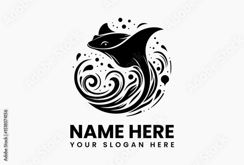 Monochromatic tribal art vector logo of a swimming manta ray with intricate dot patterns and ocean waves  