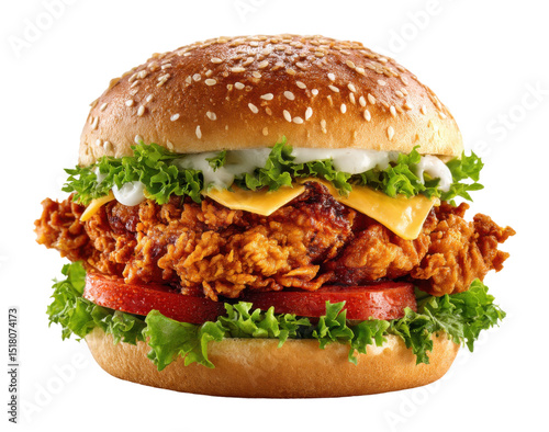 Fried chicken burger delight fast food restaurant food bright isolated on transparent background