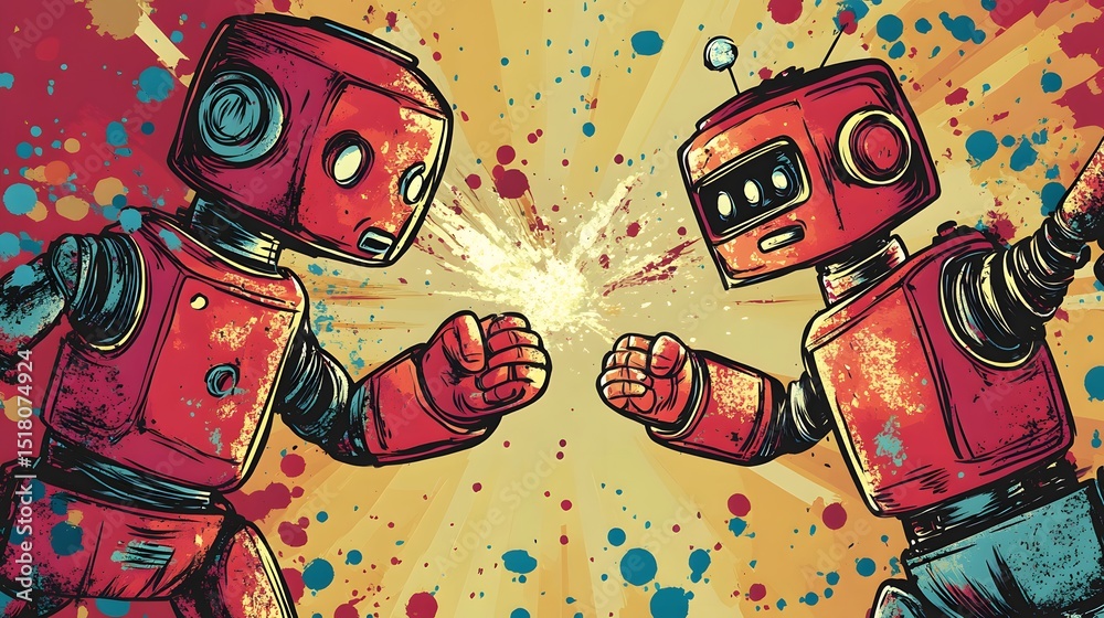 Obraz premium Two vintage-style robots facing off in a dynamic pose.
