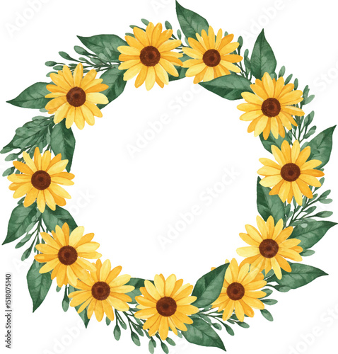 Watercolor Painting Sunflower Floral Wreath Border Decoration Template