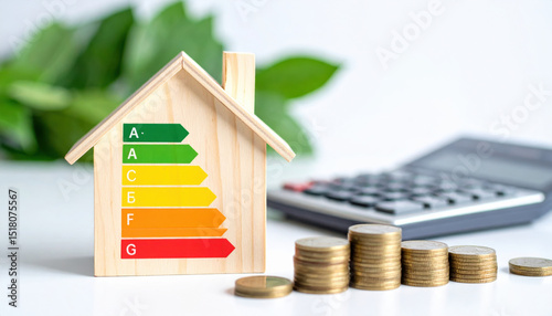 Wooden house model with energy efficiency label and coins on table