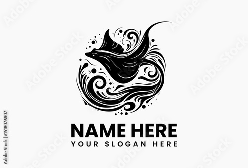 Tribal art style manta ray vector logo with intricate dot patterns and swirling ocean wave elements in monochrome