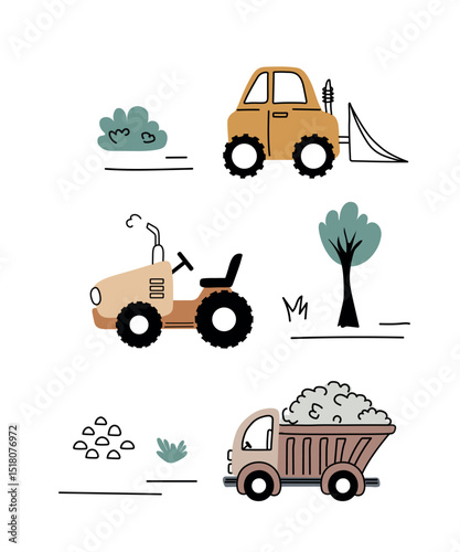Kids poster with vehicles and nature elements  featuring a truck, tractor, and trees in doodle style. Cute concept for children's print, textiles, apparel. Vector