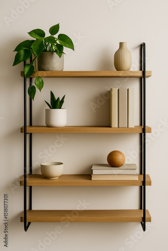 Modern shelf with plants and decorative items on wooden background
