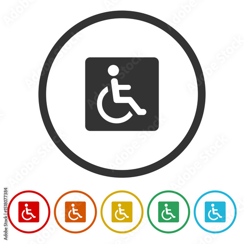 Symbol paralyzed and human on wheelchair icon. Set icons in color circle buttons