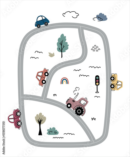 Cute poster for boys with fun transport map, cars, tractor and traffic light. Cute cars for fabric, textile, greeting cards, clothing, wall art, nursery design. Vector