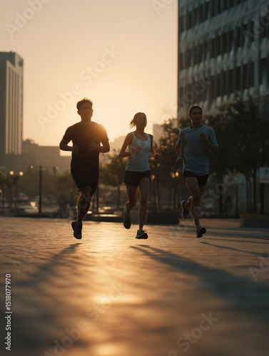 Morning Urban Jogging Group at Sunrise, Healthy Lifestyle Concept