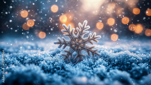Beautiful snowflake resting on sparkling snowy surface in winter