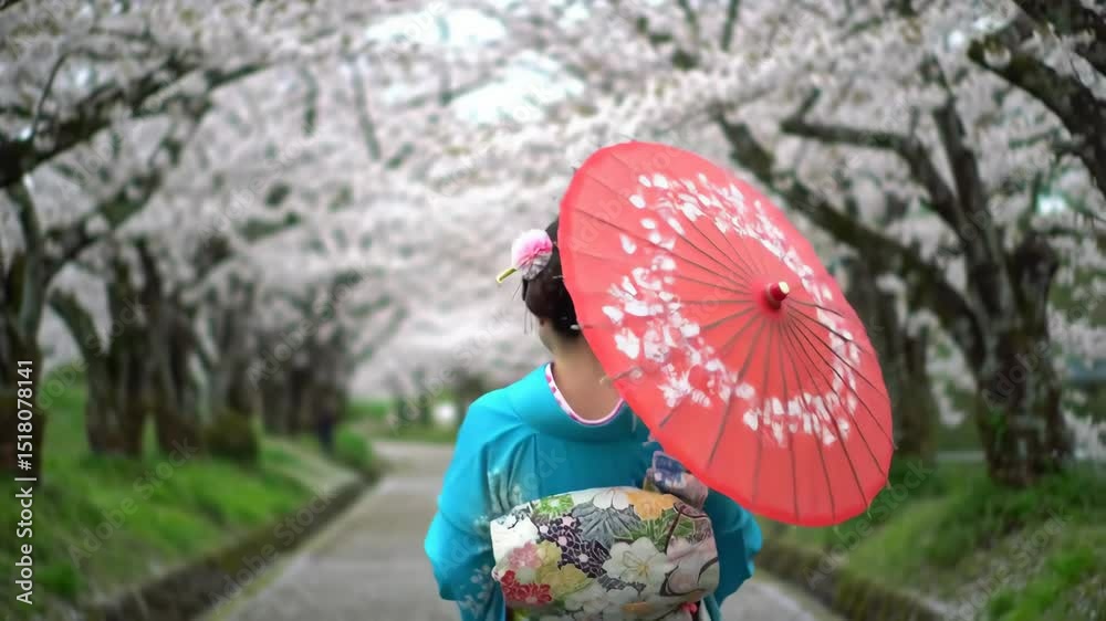 Woman with umbrella walks beneath cherry blossom trees. Path with green grass. Kimono with floral design. Red umbrella with flowers. Spring blossoms backdrop.
