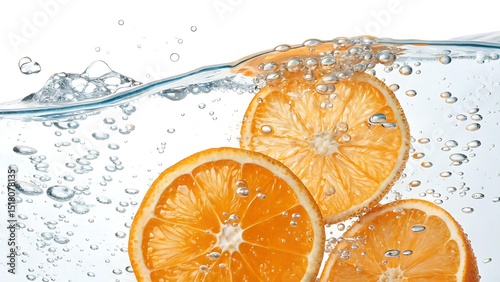A fresh whole orange being  dropped into clear water, Isolated splash, Fruit drop, Orange peel, Orange fruit, Fruit in water