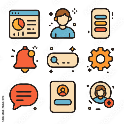 App interface icons for notifications analytics and more. Suitable for web and mobile app designs to enhance user experience and functionality.