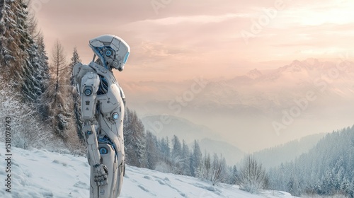 A futuristic robot standing in a snow-covered landscape, blending technology with the serene winter backdrop