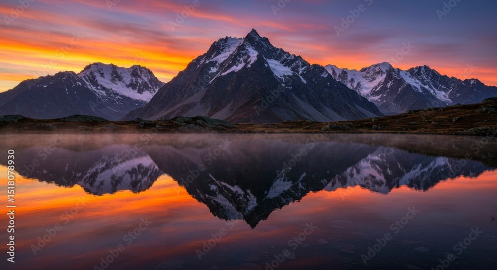 Fototapeta premium Serene sunrise paints a majestic mountain range reflected in a still lake, creating a breathtaking mirror image