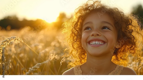 Joyful little girl in a golden field.