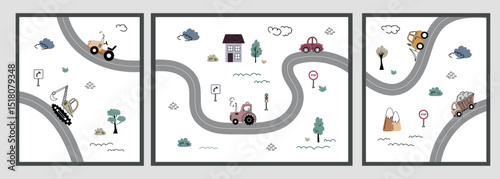 Set of children's posters with cute cars, roads and landscape. Fun banners for boys' rooms. Different vehicles on a white background. Vector illustration.
