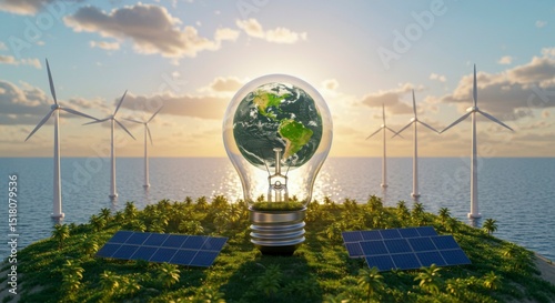 Island paradise with wind turbines, solar panels, and a lightbulb encompassing the Earth, symbolizing sustainable energy