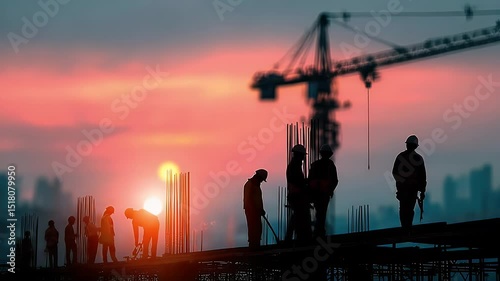 Wallpaper Mural Construction workers silhouetted against a vibrant sunset, actively building a structure in an urban landscape Torontodigital.ca