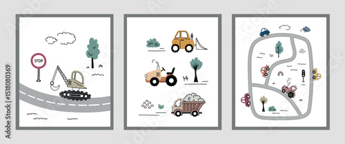 Set of banners, posters for a children's room for boys with construction equipment, tractors, dump trucks and cars, trees, road signs and traffic lights in doodle style. Vector illustration