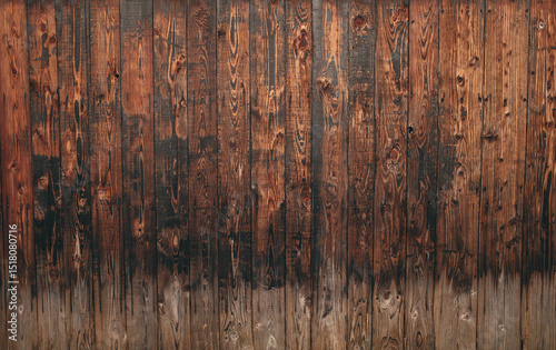 An old wooden vertical wall with a dark, rich brown tone. Wooden textures have endured time and seasons.