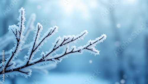 Branches covered in frost and snow during the winter season in a cold environment