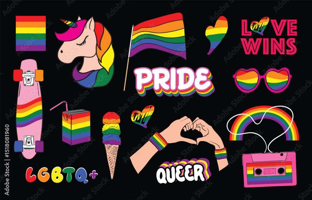 Fototapeta premium LGBTQ+ Pride Icons Set on Black Background