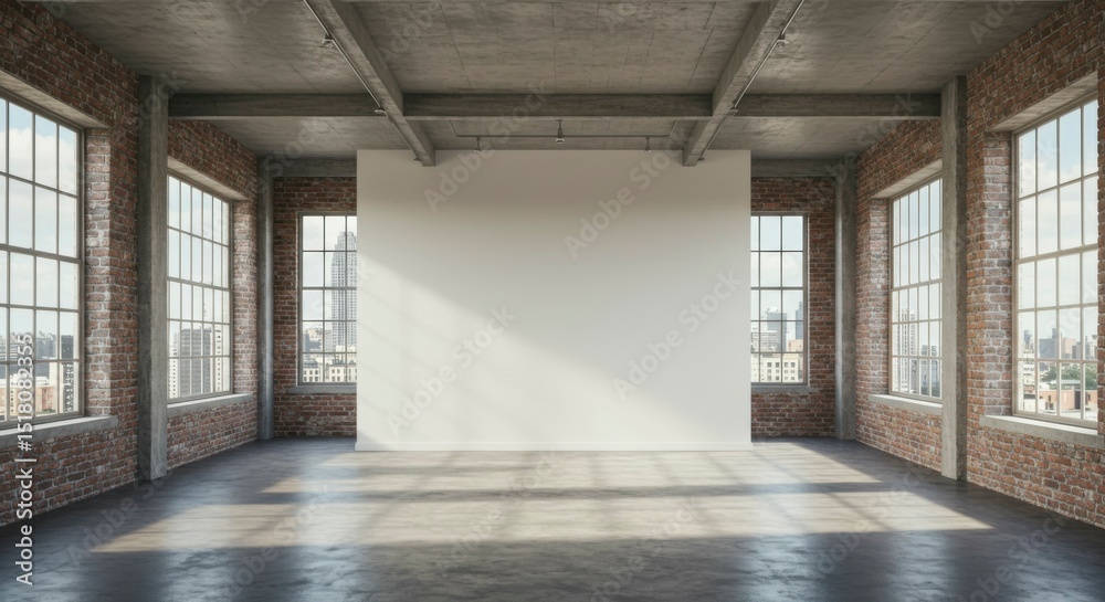 Obraz premium Spacious loft with exposed brick walls, large windows offering city views, and a blank wall ideal for artwork