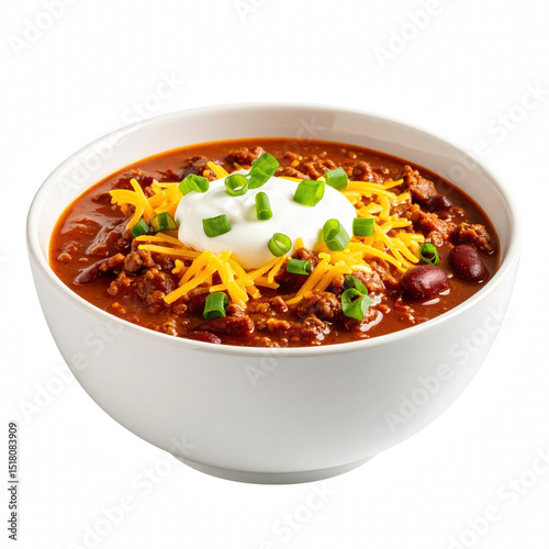 A delicious bowl of chili soup topped with cheese, sour cream, and green onions isolated on a transparent background for culinary delight, Transparent background PNG