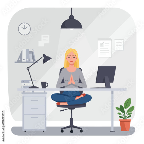 A businesswoman is depicted seated in a peaceful lotus position in an office, while other colleagues work at their desks.