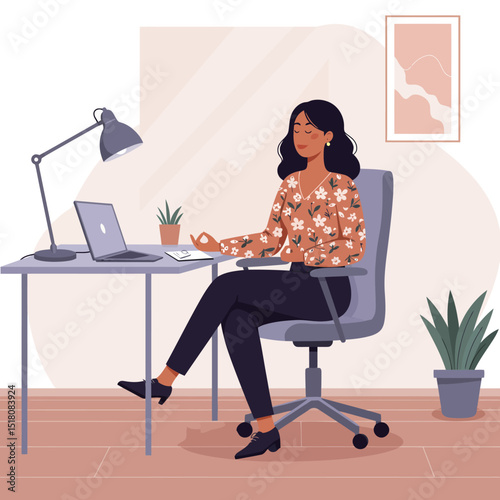 A businesswoman is depicted seated in a peaceful lotus position in an office, while other colleagues work at their desks.