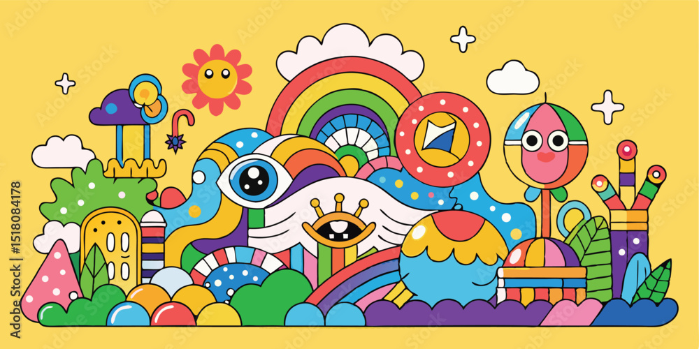 Colorful abstract cartoon illustration with rainbow and eye Colorful abstract cartoon illustration with rainbow and eye